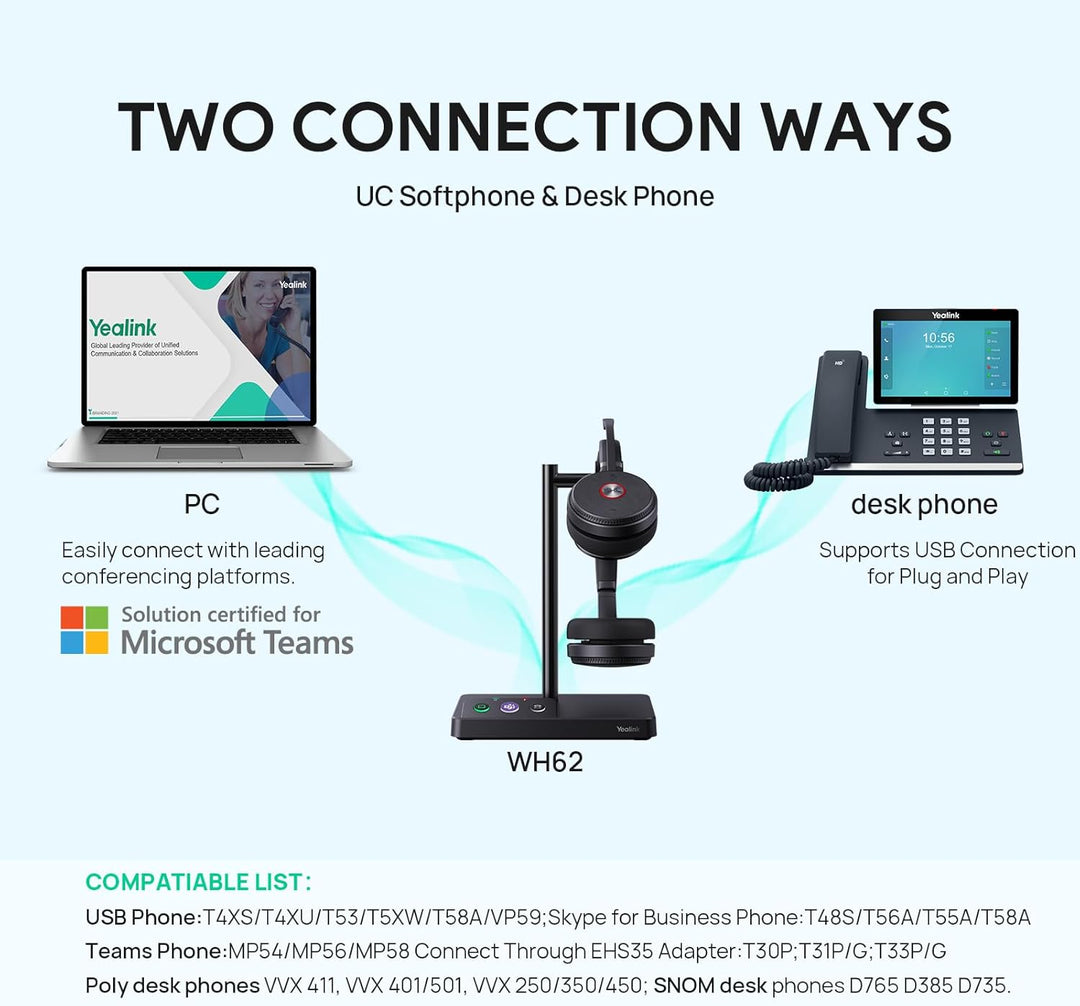 Yealink WH62 kabellos DECT Kopfhörer Teams Zertifiziert, Stereo Büro-Headset für Tischtelefon und Co