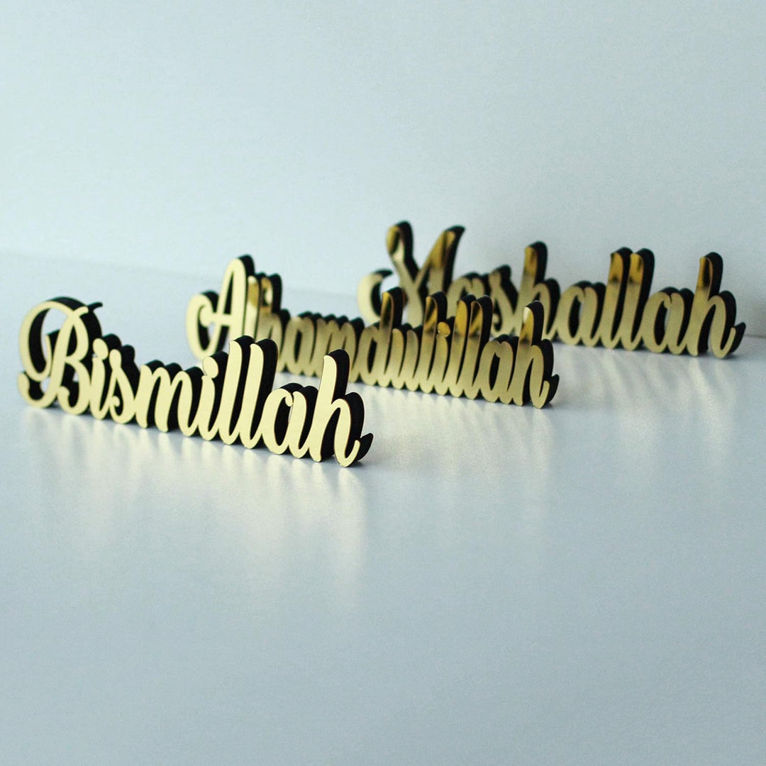 Bismillah Alhamdulilla Mashallah freistehende Holzdekor mit glänzendem Acryl-Finish (3 Stück, Gold)