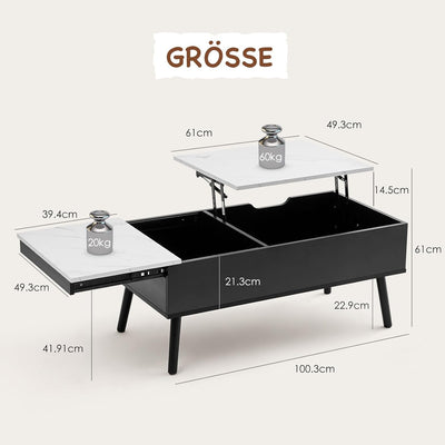 JanflyHome Höhenverstellbarer Couchtisch, Couchtisch, Hubplatte Couchtisch, Couchtisch mit Schiebepl