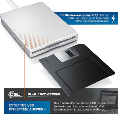 CSL - Externes USB Diskettenlaufwerk FDD 1,44MB 3,5 Zoll - PC und MAC - Slimline Floppy Disk Drive E