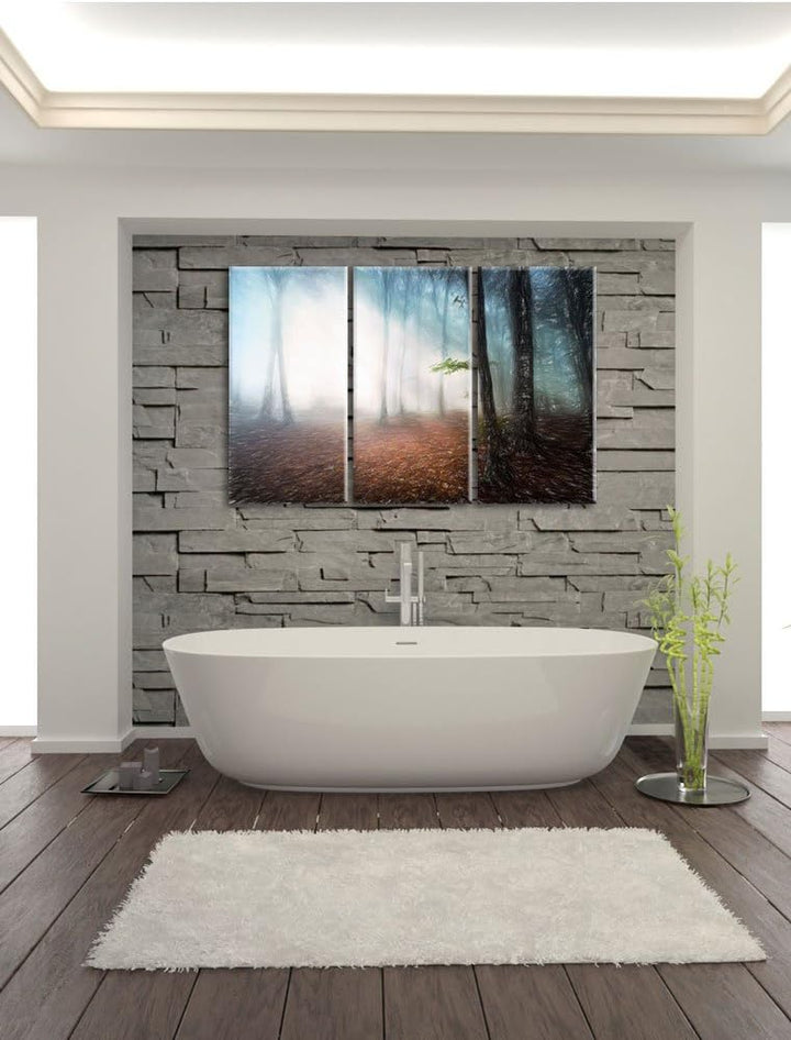 Pixxprint Düsterer Wald im Nebel / 3-Teilig/Gesamtmass 120cm Leinwandbild bespannt auf Holzrahmen/Wa