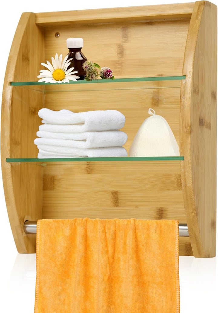 Suleno Sauna Regal aus Nadelholz mit 2 Glaseinlegeböden und Handtuchhalter – Wandregal Sauna Zubehör