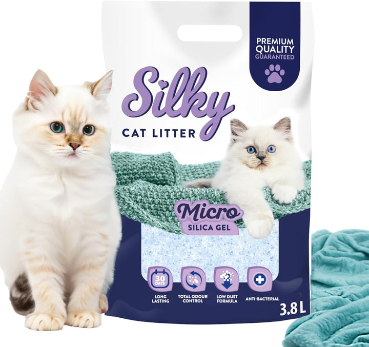 Silky Mikro Silikat-Katzenstreu 3,8L | 30,4L Satz | Staubfrei, Geruchskontrolle, Saugfähig, Bakterie