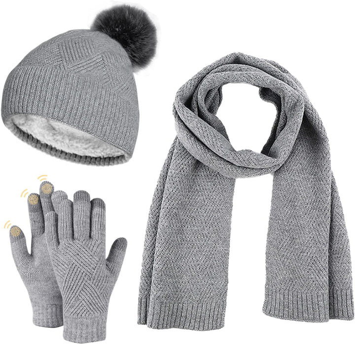 Damen Bommelmütze, Schals, Handschuhe, Set, Thermo, Winter, warm, Strickmütze, Halswärmer und Touchs