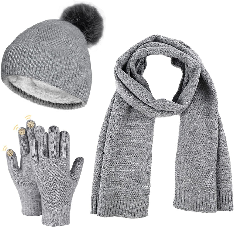 Damen Bommelmütze Schals Handschuhe Set Thermo Winter Warm Strickmütze Halswärmer und Touchscreen Ha