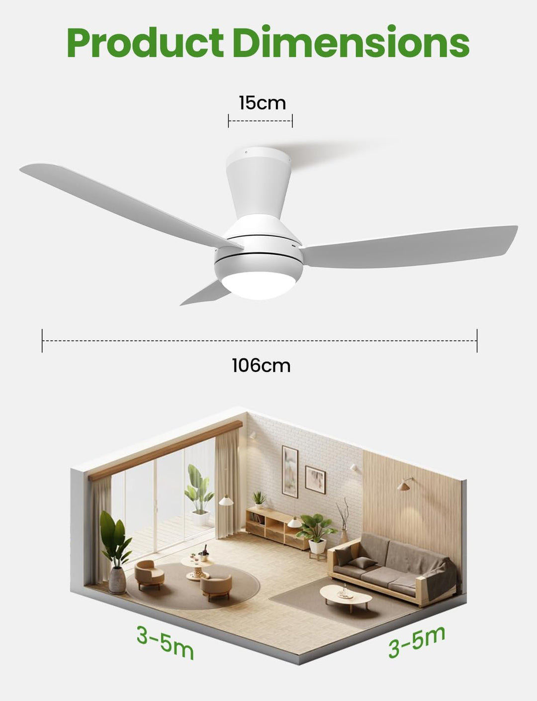 Airwit 106cm Steckflügel Deckenventilator mit Beleuchtung Leise, Weiss Deckenventilator mit Licht un