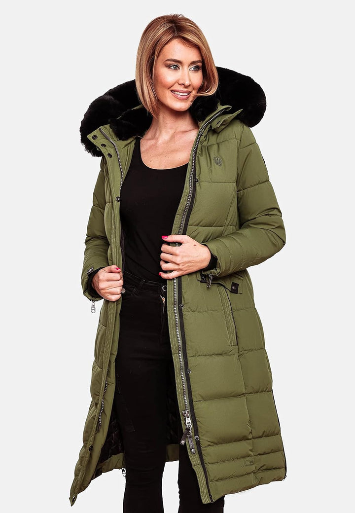 Navahoo Damen Wintermantel Warmer Steppmantel lang mit Abnehmbarer Kapuze Fahmiyaa XS-3XL XS Dusty O