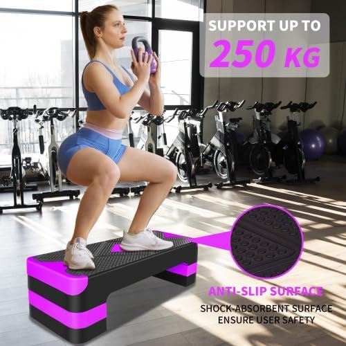 Fitness Aerobic Step mit 3 Höhenstufen, Anti-Rutsch-Oberfläche, 68,5 x 27,94 cm, bis 250 kg belastba