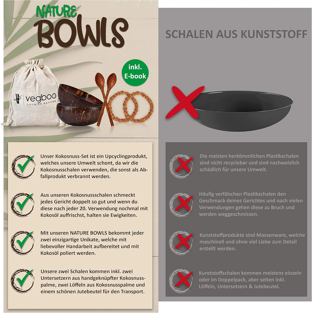 vegboo® Kokosnuss Schalen Set – 4er Set (14-teilig) mit Löffeln, Untersetzern & Jutebeutel – Handgef