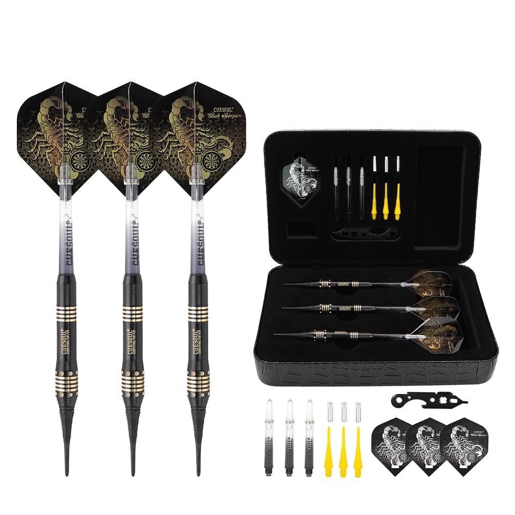 Cuesoul 16 Grams Deluxe Soft Tip Darts Set with Luxury Case（Black Scorpion Series） HX-STL-B2303+D604