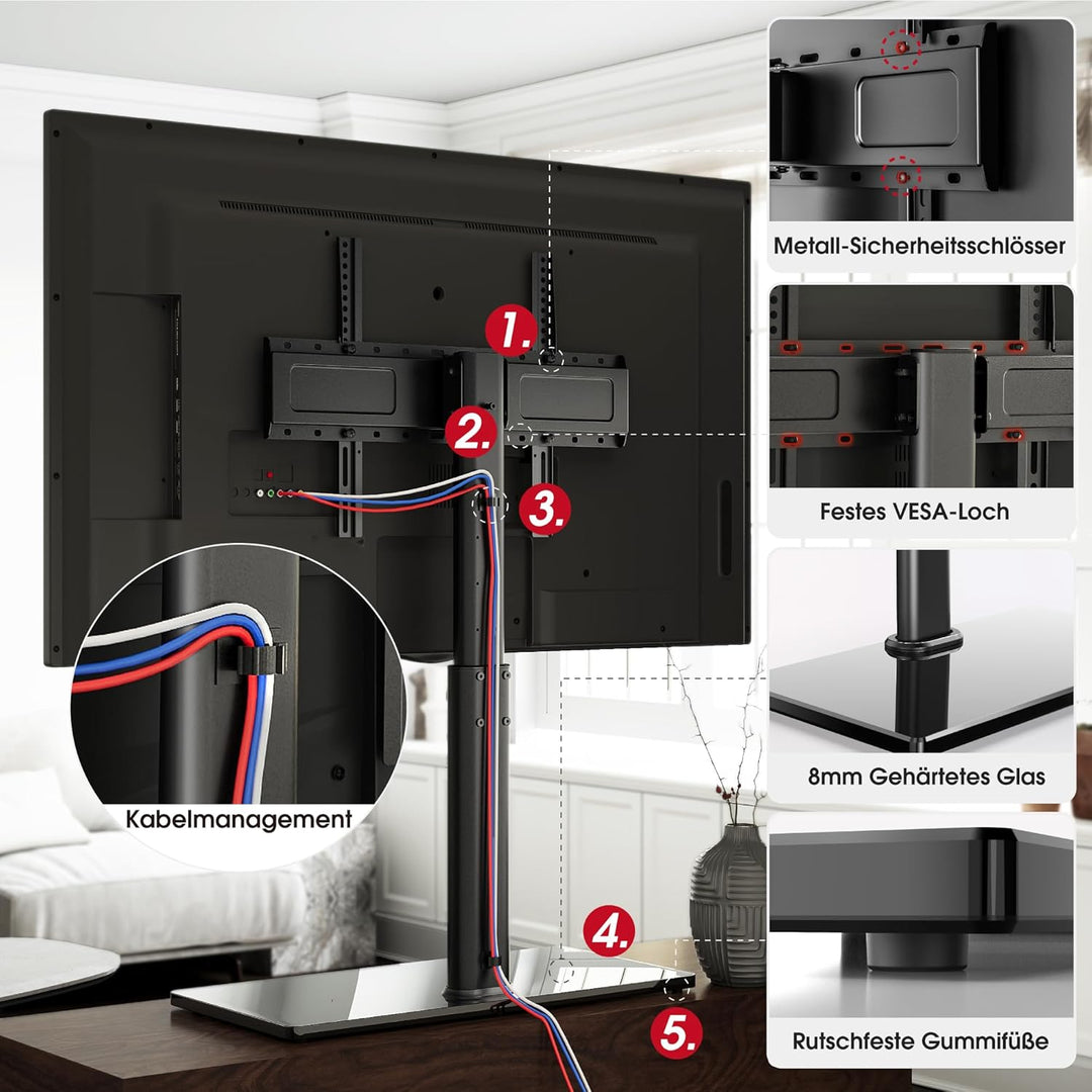 AOKCOS TV Standfuss TV Ständer Höhe 1130mm für 43-75 85 Zoll Fernseher, Neigbar Schwenkbar Höhenvers