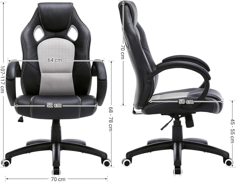 SONGMICS Racing Stuhl Bürostuhl Gaming Stuhl Chefsessel Drehstuhl PU, schwarz-grau, OBG56BG, 70*66.5