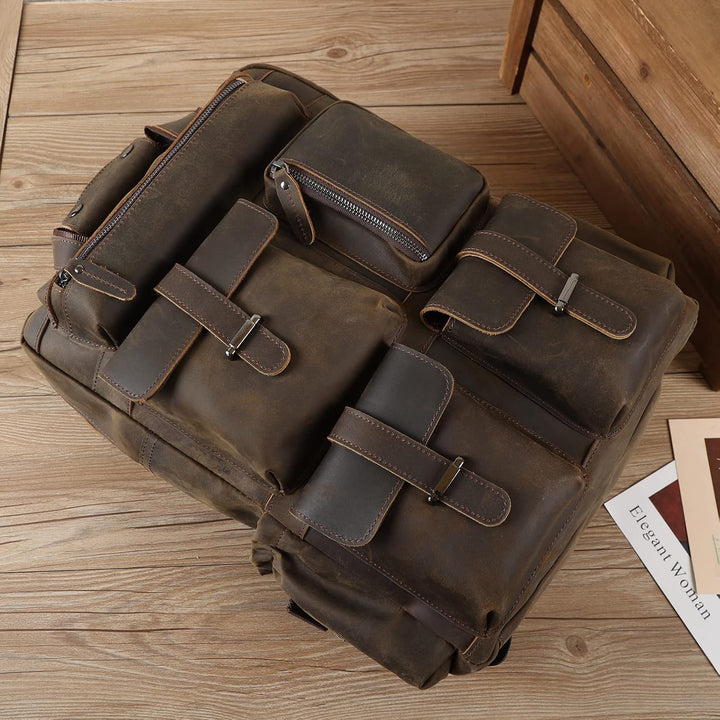 TIDING Herren Rucksack Echtes Leder Grosse Kapazität Business Reisetasche für 15,6 Laptop Tasche, Da