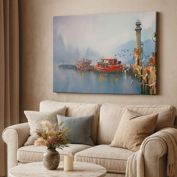 Bilder auf Leinwand 100x70cm Leinwandbild mit Rahmen Hafen Laterne Boot Gross Wanddeko Bild Schlafzi