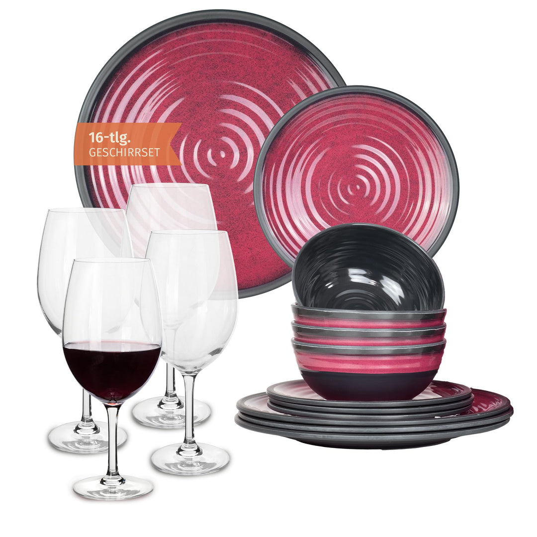 Melamin Camping Geschirr Set 4 Personen Stone Red + 4 Timo Rotwein Gläser Rot Weingläser Tafelgeschi