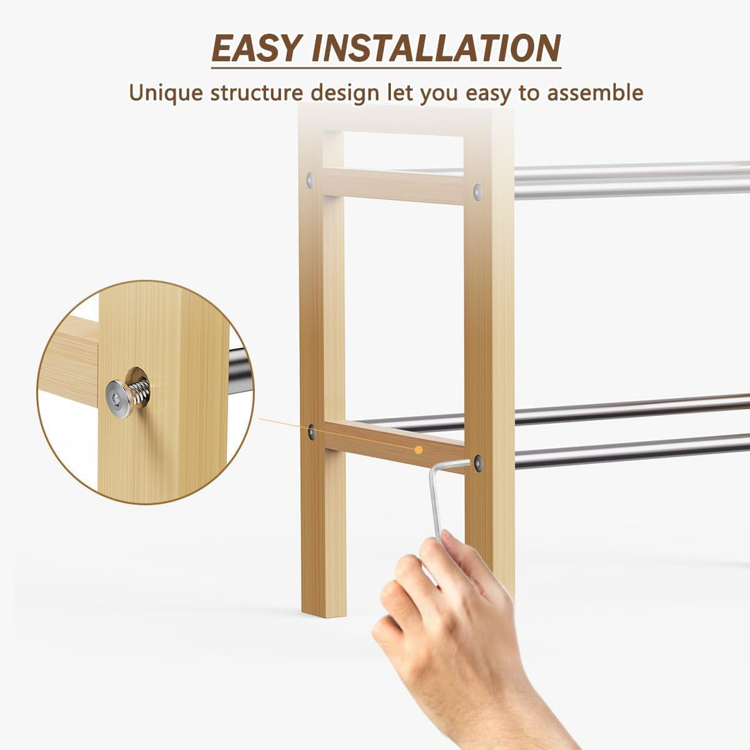 LEMIKKLE Schuhregal Holz Eiche 2-stöckig, Erweiterbar Mit Edelstahl-Elementen, Ideal Für Enge Räume,