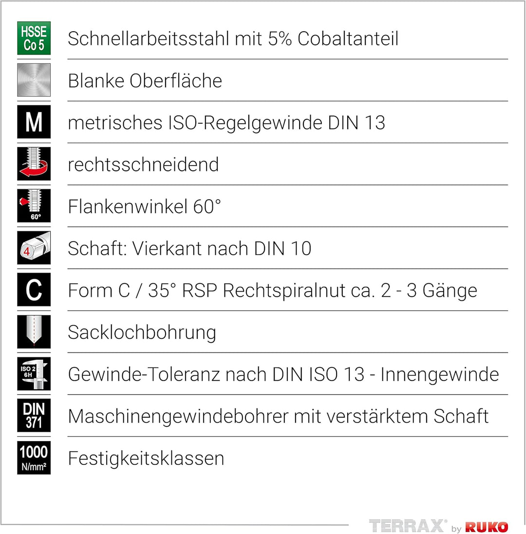 TERRAX by RUKO Maschinengewindebohrer-Satz M DIN 371/376 Form C / 35° RSP HSSE-Co 5 in Kunststoffkas