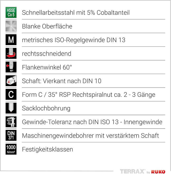 TERRAX by RUKO Maschinengewindebohrer-Satz M DIN 371/376 Form C / 35° RSP HSSE-Co 5 in Kunststoffkas