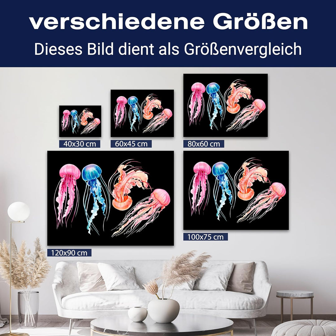 wandmotiv24 Maritime Deko als Leinwandbild, 100x75cm, Querformat, Bunte Quallen, Aquarell Gemälde, T