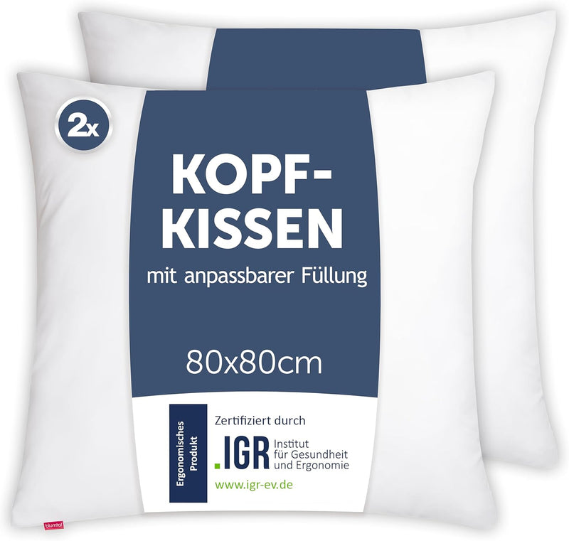 Blumtal Kopfkissen 80x80 cm 2er Set - Nackenkissen mit anpassbarer Füllung - 100% Mikrofaser & wasch