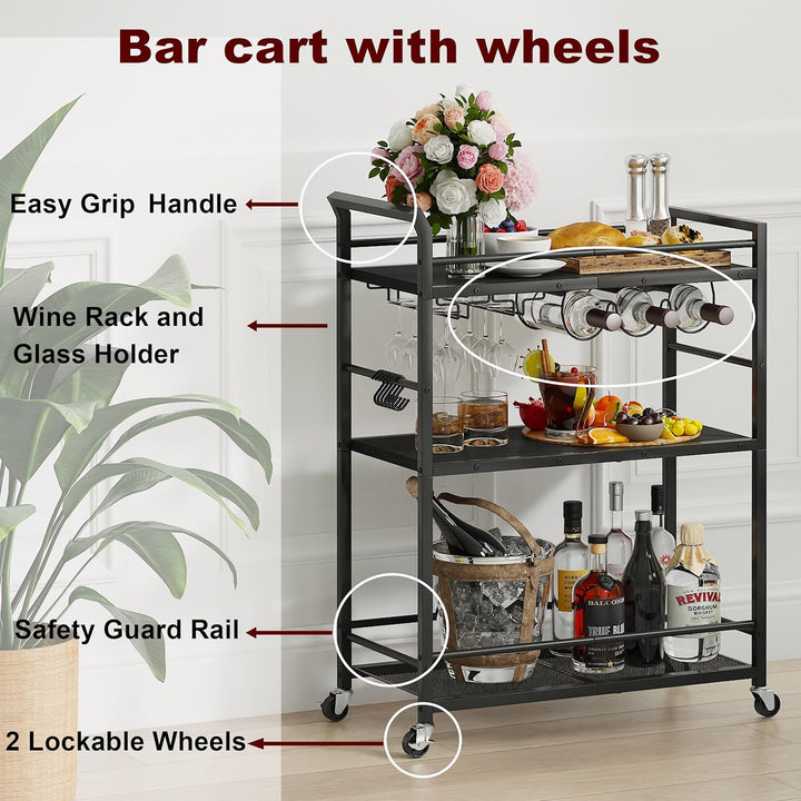 Servierwagen mit Rollen Barwagen mit Gläserablage und Weinregal Metall Teewagen Küchenwagen auf Roll