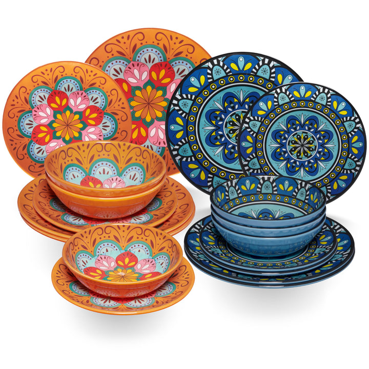 Melamin Geschirr Set Toskana Pastel für 6 Personen - Orange-Blau - Mandala-Optik Spülmaschinengeeign