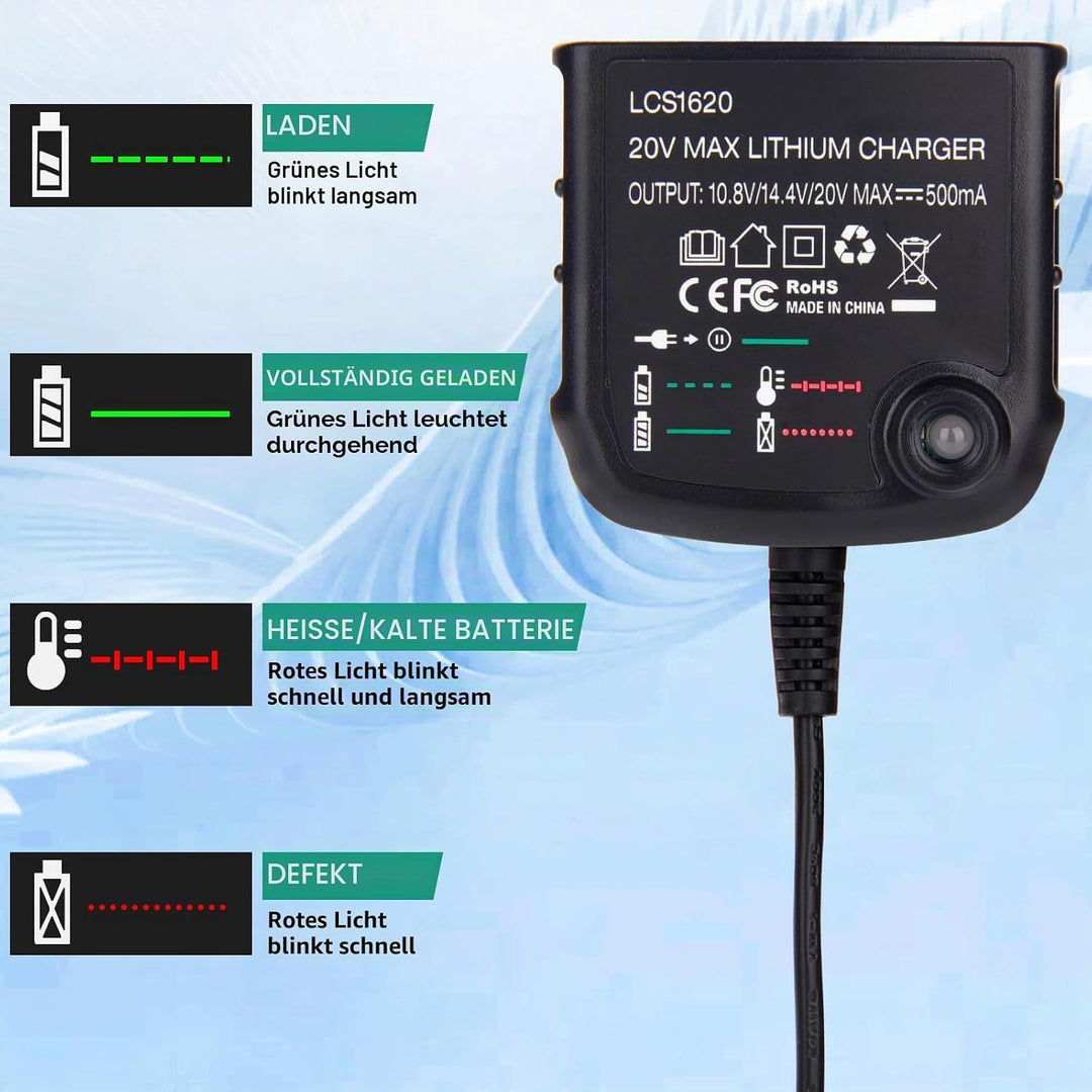 Li-ion Akku Ladegerät Ersatz LCS1620 Kompatibel mit Black &amp; Decker Lithium-Akku 10,8V/14,4V/20V, LB2