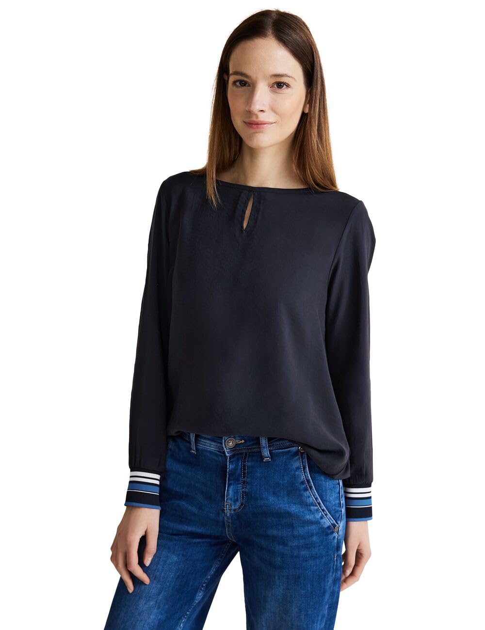 Street One Damen Materialmix Langarmshirt 46 Deep Blue (Blau), 46 Deep Blue (Blau)