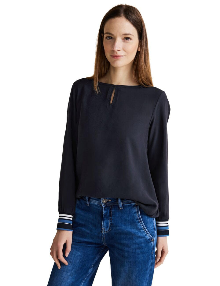Street One Damen Materialmix Langarmshirt 46 Deep Blue (Blau), 46 Deep Blue (Blau)