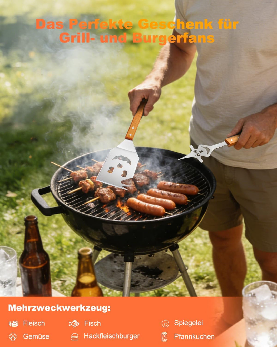 BBQ Grillbesteck Set 3-TLG, Extra Langes Grillwerkzeug, Edelstahl Holzgriff, Grill Zubehör mit Grill