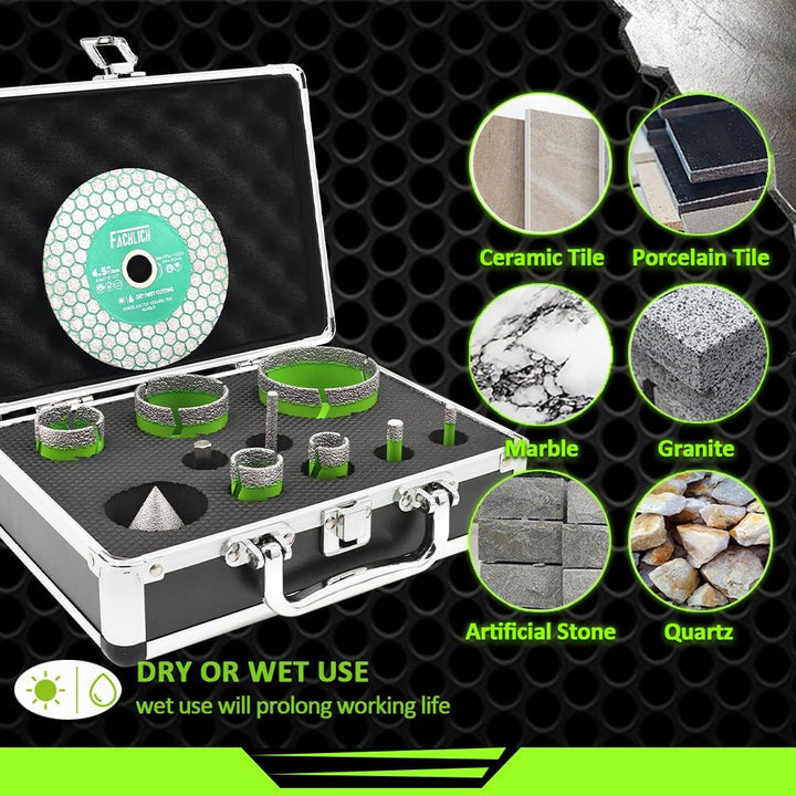 Diamant-Trennscheibe 125MM Fliesentrennscheibe und FACHLICH Diamant Fliesenbohrer Set 6-68mm
