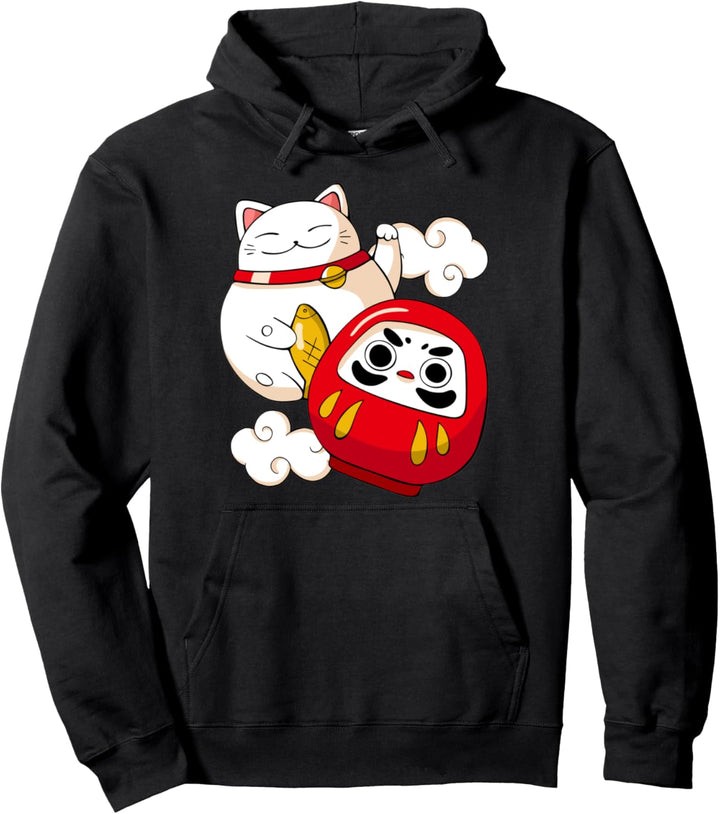 Maneki Neko Lucky Cat Japanese Daruma Doll Kawaii Pullover Hoodie