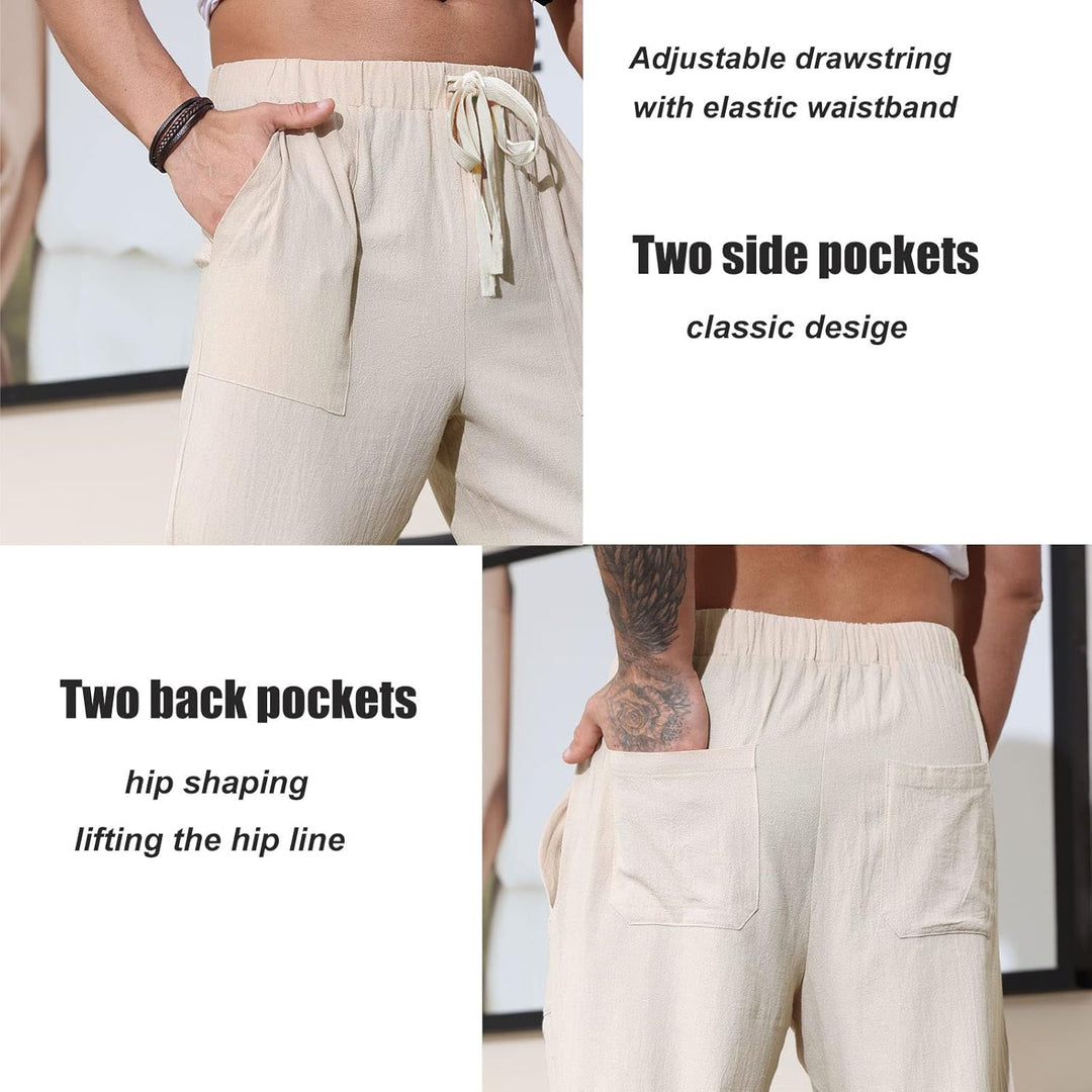Halfword Leinenhose Herren Hose Lang Freizeithose Strandhose Sommer Leichte Tasche Kordelzug Urlaub