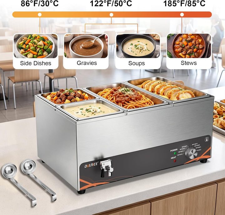 DULNICE Bain Marie Speisewärmer Elektrische Edelstahl 1500W 4 GN-Behältern Wasserbad mit Ablaufhahn,