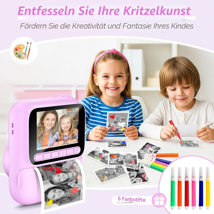 Sofortbildkamera für Kinder, 1080P Kinderkamera mit 5 Rollen Druckpapier, 32GB-Karte und Farbstiften