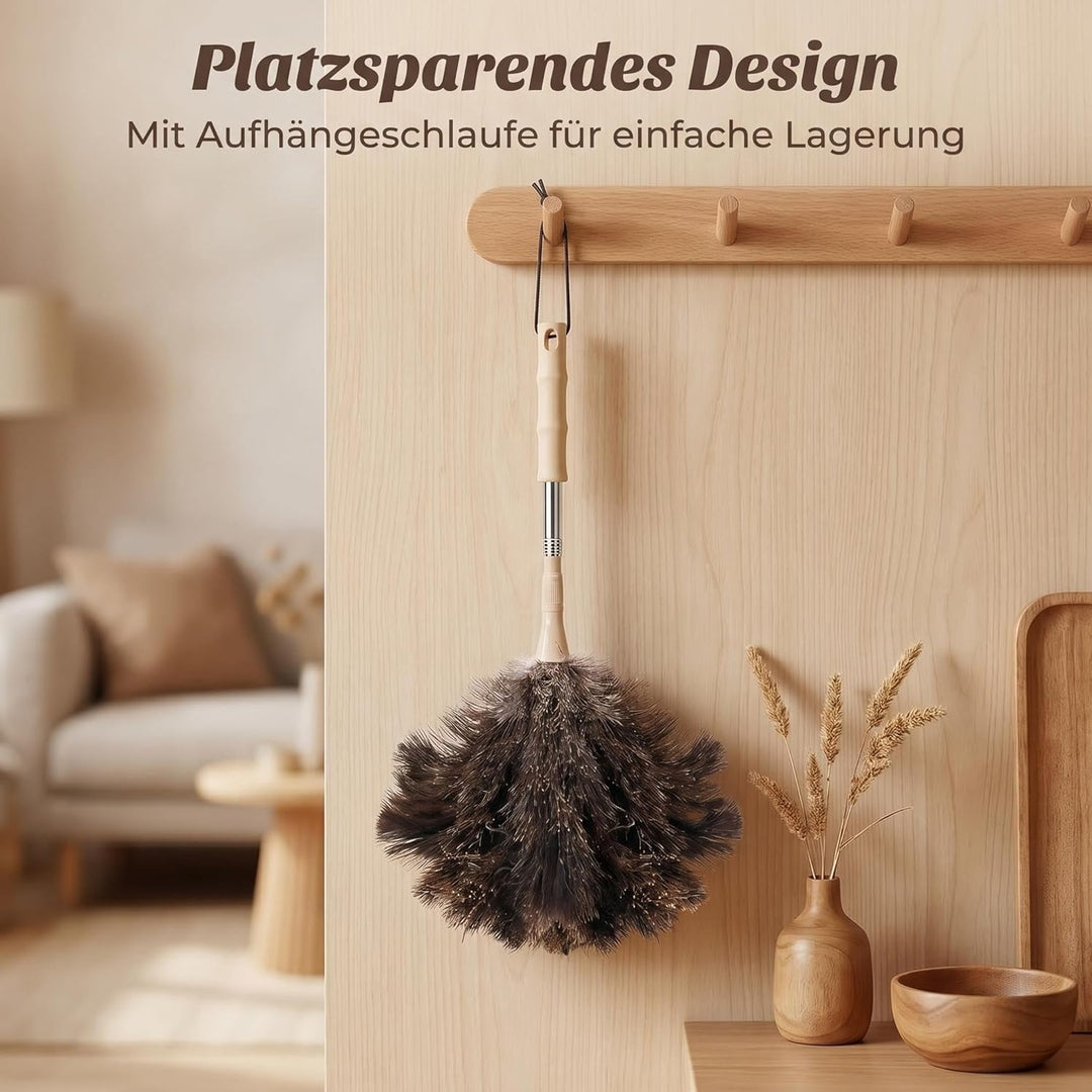 DULCE DOM Straussenfeder Staubwedel mit Teleskopstiel 125cm, Waschbar für Decken Lampen Möbel, Kratz
