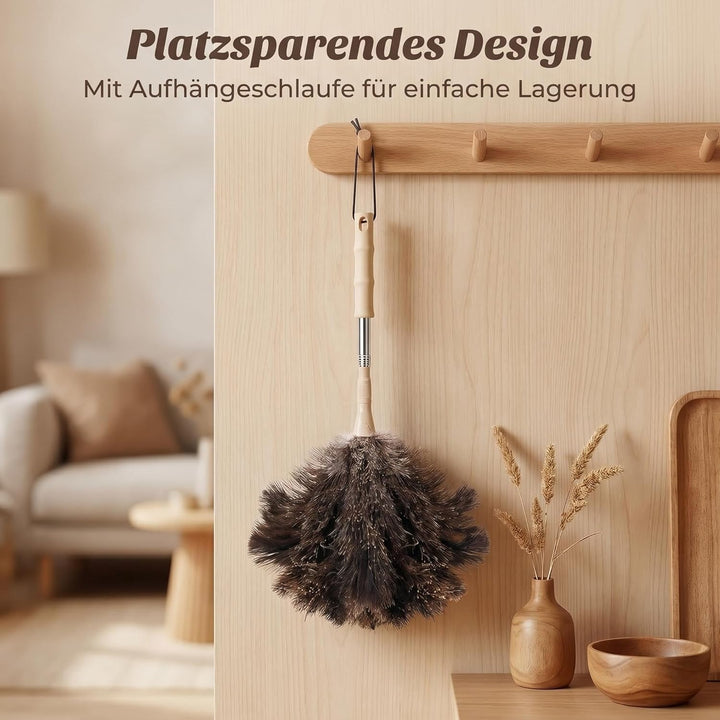 DULCE DOM Straussenfeder Staubwedel mit Teleskopstiel 125cm, Waschbar für Decken Lampen Möbel, Kratz