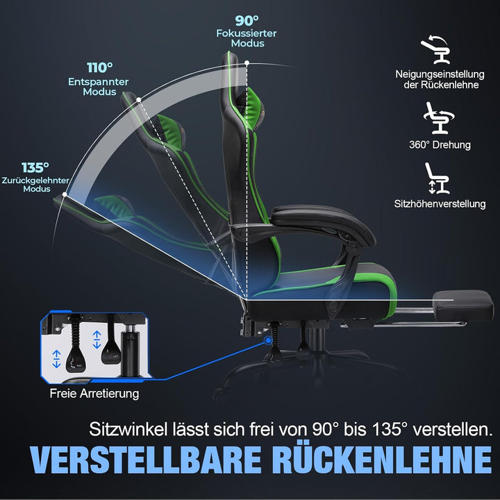 GTPLAYER Gaming Stuhl Chair Gamer Sessel - Ergonomischer Gamer Stuhl mit Fussstütze Kopfstütze und L