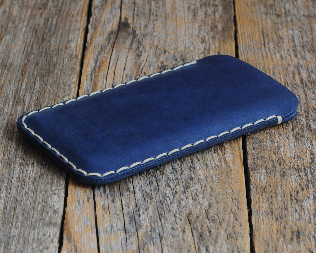 Blaues Leder Hülle für iPhone 15 PRO MAX, Handgenähtes Etui
