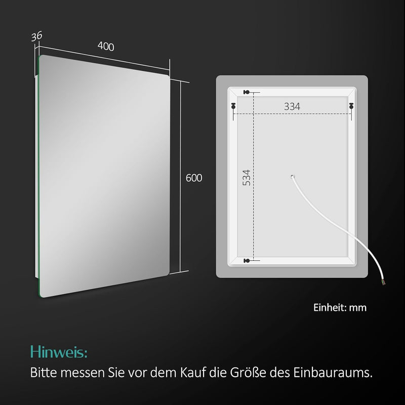 EMKE Badspiegel mit Beleuchtung 40x60cm, Badezimmerspiegel mit Beschlagfrei und 2 Lichtfarbe Warmwei