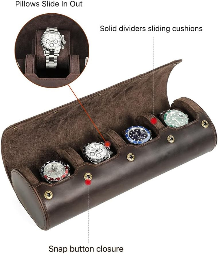 Hiram Uhren-Reiseetui für 4 Uhren, echtes Leder, Aufbewahrungsbox, Schiebekissen-Design, tragbarer U