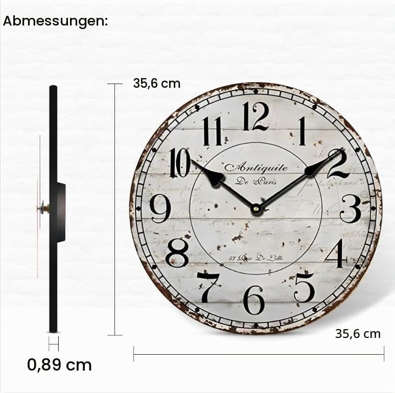 Wanduhr küchenuhr Vintage Shabby CHIC Antik Nostalgie Rustikale Quarzuhr aus MDF mit lautlosem Uhrwe