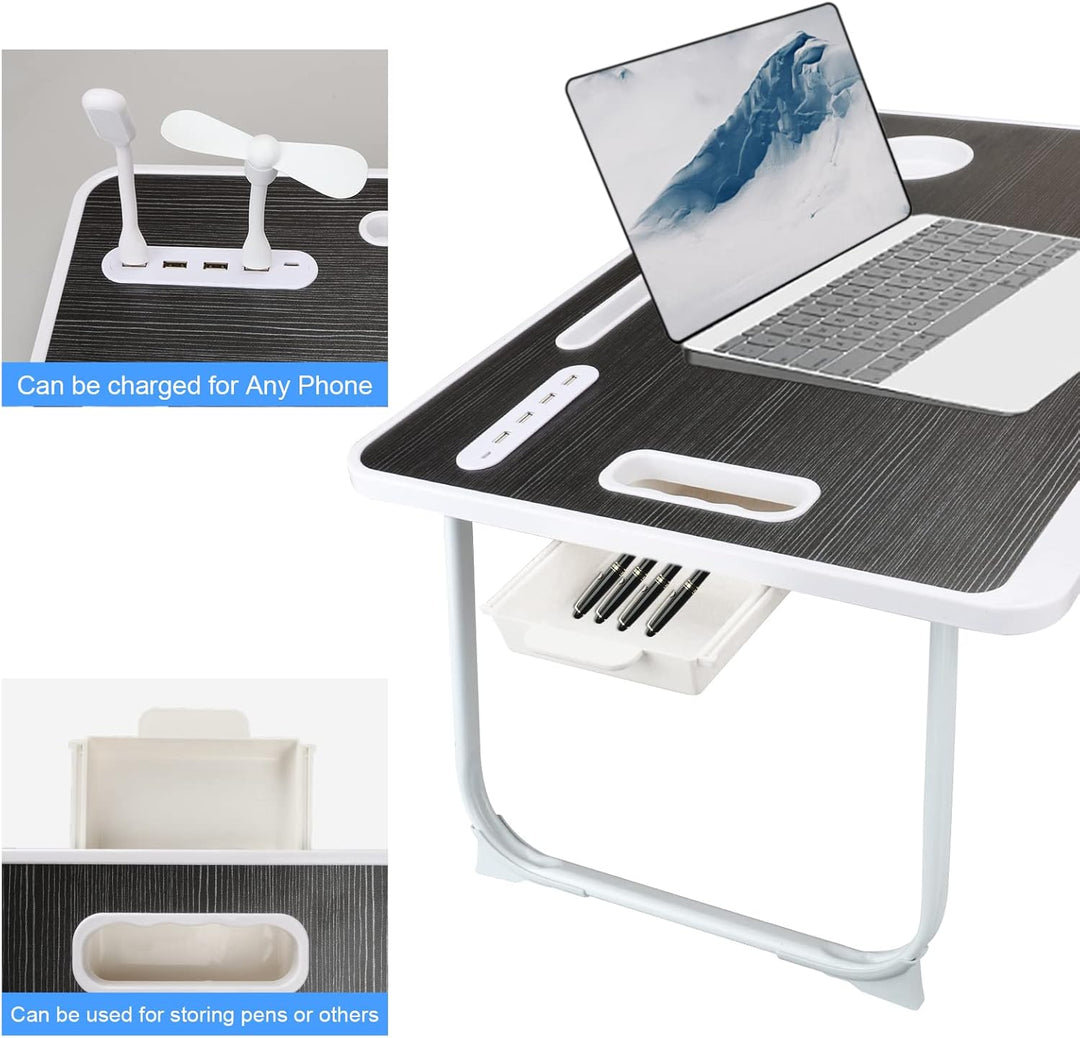 Laptop Betttisch, Faltbarer Laptop-Betttisch mit USB-Ladeanschluss, Griff, Kartenfach, Becherhalter,
