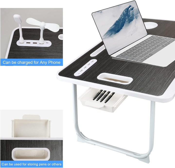 Laptop Betttisch, Faltbarer Laptop-Betttisch mit USB-Ladeanschluss, Griff, Kartenfach, Becherhalter,
