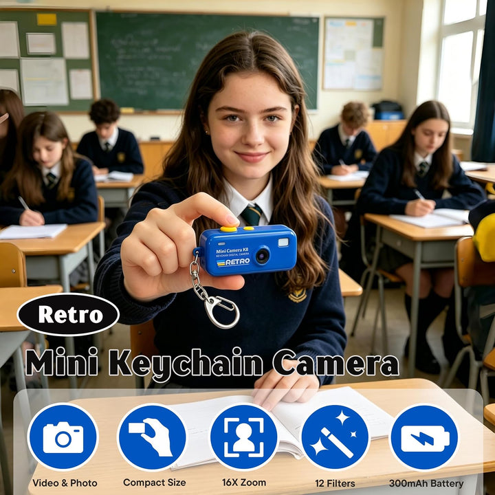 Keychain Digital Camera, 1080P Mini Kamera with 8GB Karte, Foto und Videoaufzeichnung, 12 Filters an