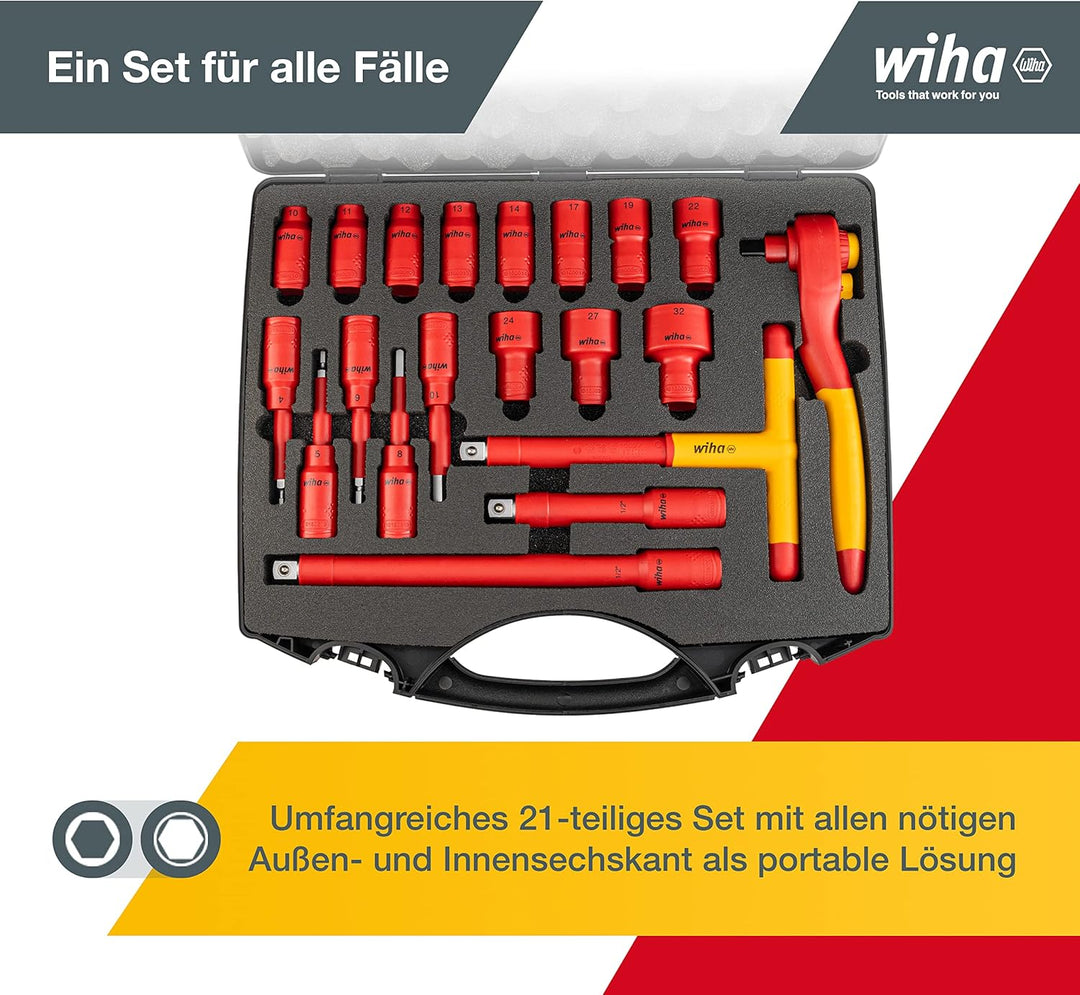 Wiha Ratschenschlüssel Set isoliert (43024) 21-tlg. I Aussensechskant 10mm - 31mm I Innensechskant 4