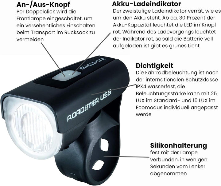 Sigma Sport LED Akku Fahrradbeleuchtung ROADSTER USB / NUGGET II Set, 25 LUX, wiederaufladbare Fahrr