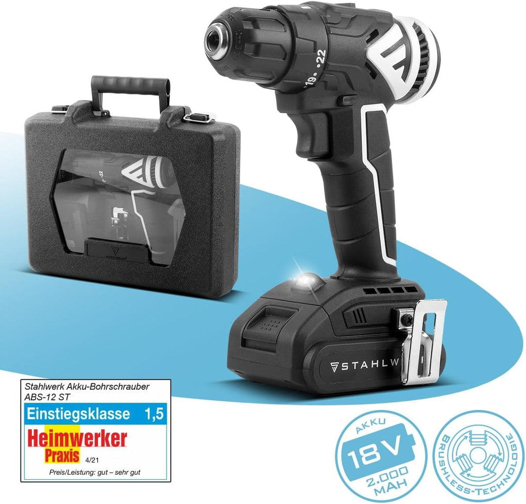 STAHLWERK Akkuschrauber 18 V Brushless (ABS-18 ST) – Akku-Bohrschrauber mit 2-Gang-Getriebe, LED-Lic