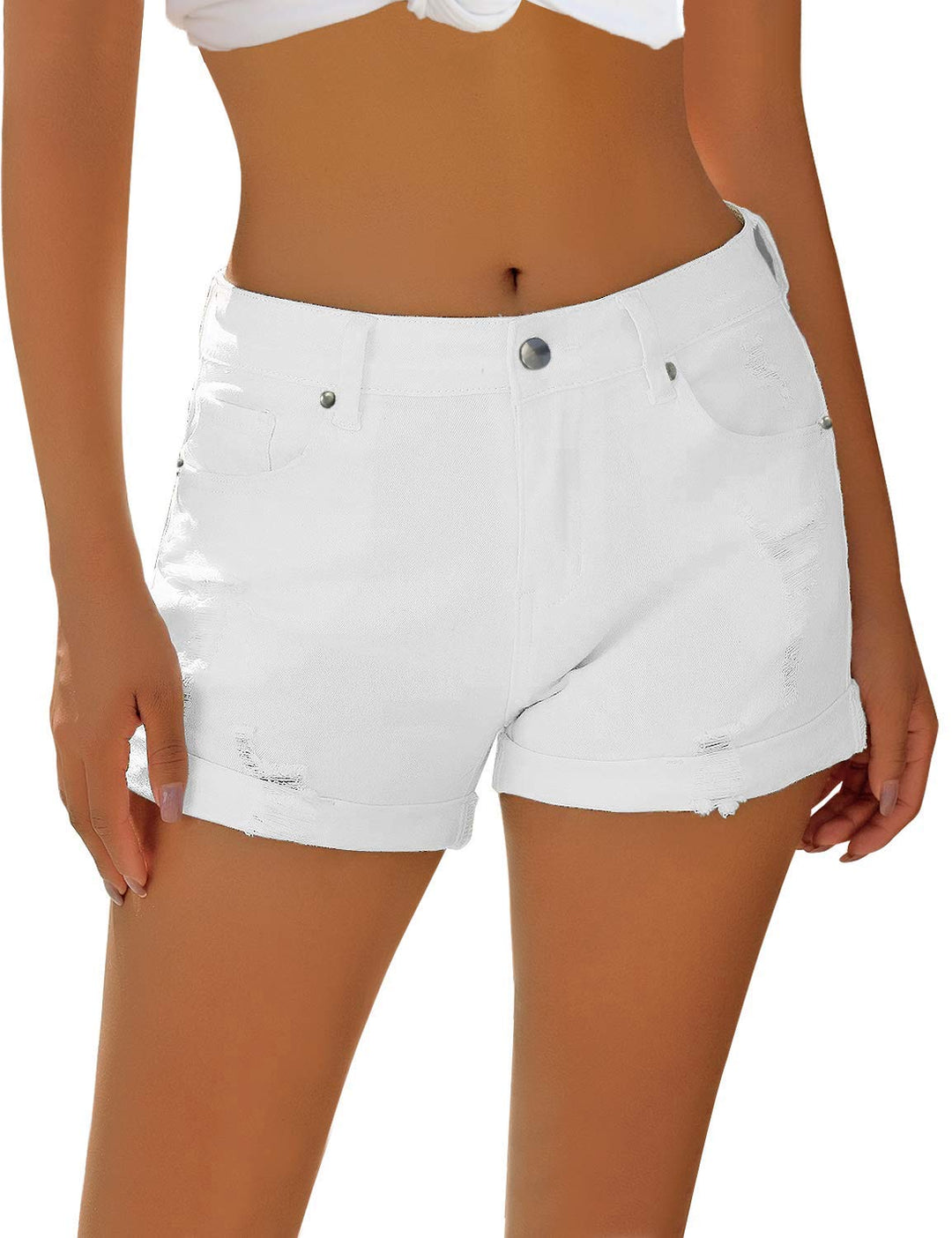 Necooer Damen Casual Ripped Denim Shorts Mittlere Taille Kurze Jeanshose mit Taschen S Weiss, S Weis