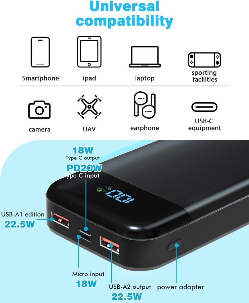 Solar Powerbank Wasserdichtes Solar Ladegerät USB C Externer Akku Solarladegeräte mit Outputs, Power